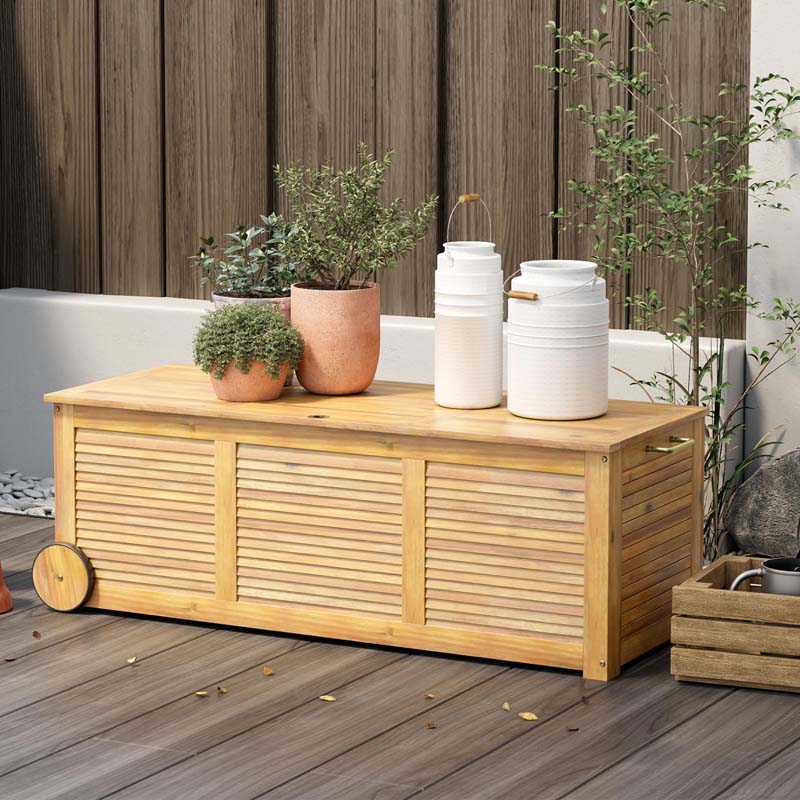48 Gallon Wooden Rolling Patio Storage Deck Box, Garden Organizer Box with 2 Wheels, 1 Handle, Water-resistant Inner Bag