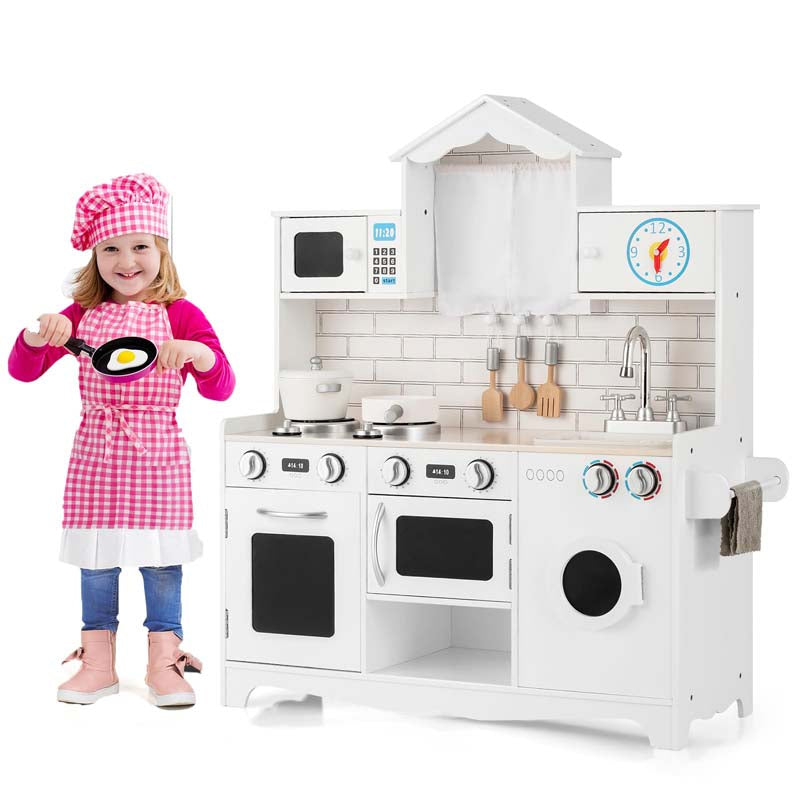 31" Rooftop Wooden Kids Kitchen Playset with Microwave, Windows, Clock, Cookware, Little Chef Pretend Cooking Play Toy Set