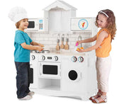 31" Rooftop Wooden Kids Kitchen Playset with Microwave, Windows, Clock, Cookware, Little Chef Pretend Cooking Play Toy Set