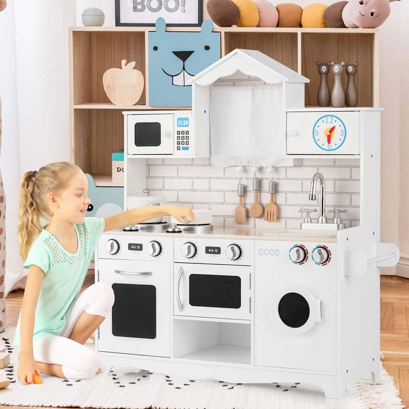31" Rooftop Wooden Kids Kitchen Playset with Microwave, Windows, Clock, Cookware, Little Chef Pretend Cooking Play Toy Set