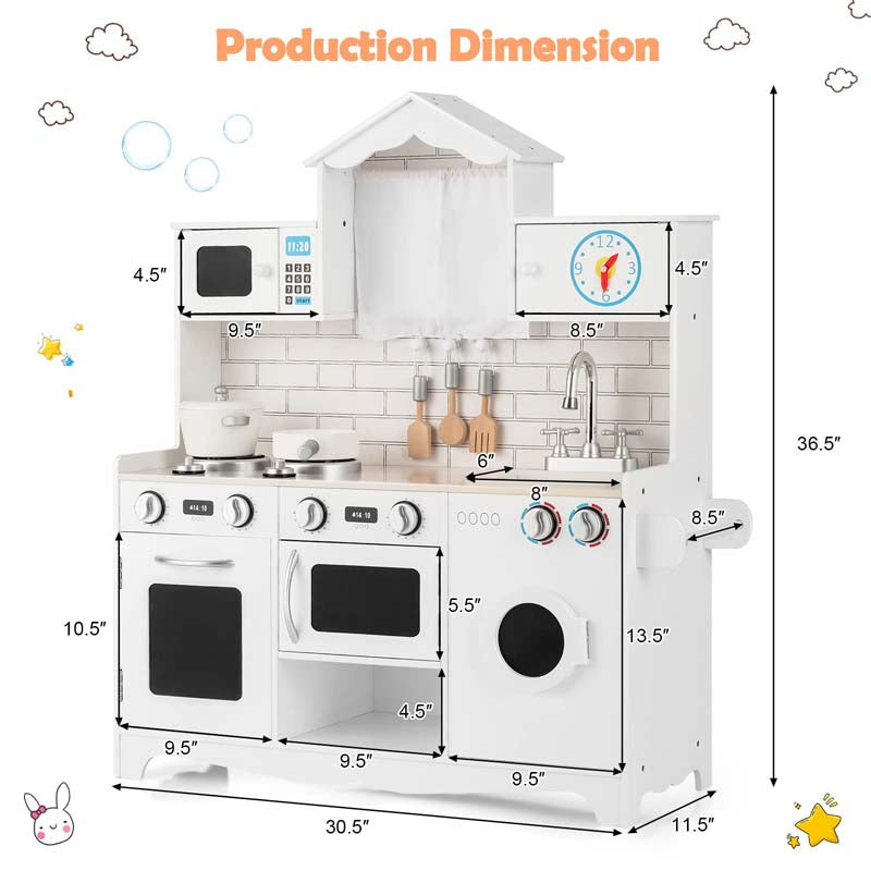 31" Rooftop Wooden Kids Kitchen Playset with Microwave, Windows, Clock, Cookware, Little Chef Pretend Cooking Play Toy Set