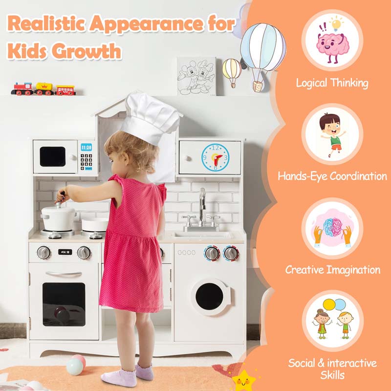 31" Rooftop Wooden Kids Kitchen Playset with Microwave, Windows, Clock, Cookware, Little Chef Pretend Cooking Play Toy Set
