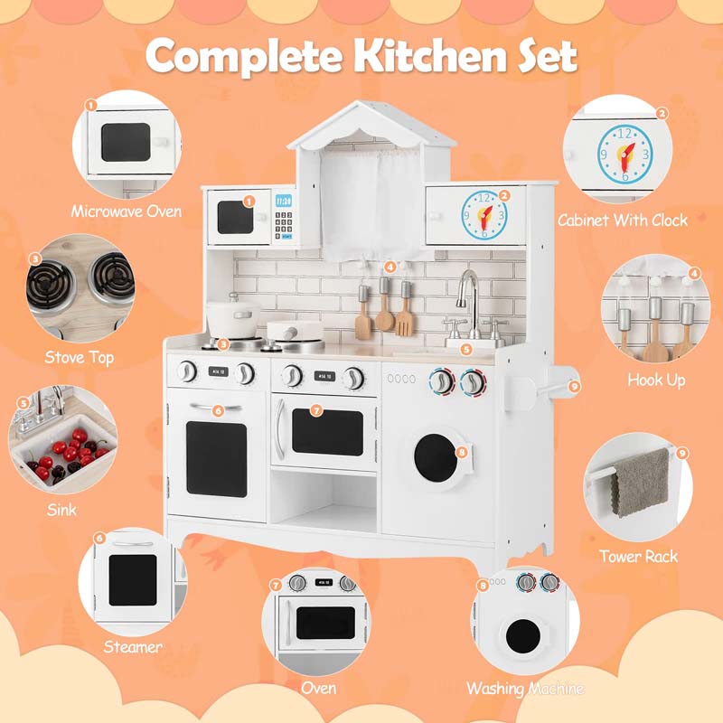 31" Rooftop Wooden Kids Kitchen Playset with Microwave, Windows, Clock, Cookware, Little Chef Pretend Cooking Play Toy Set