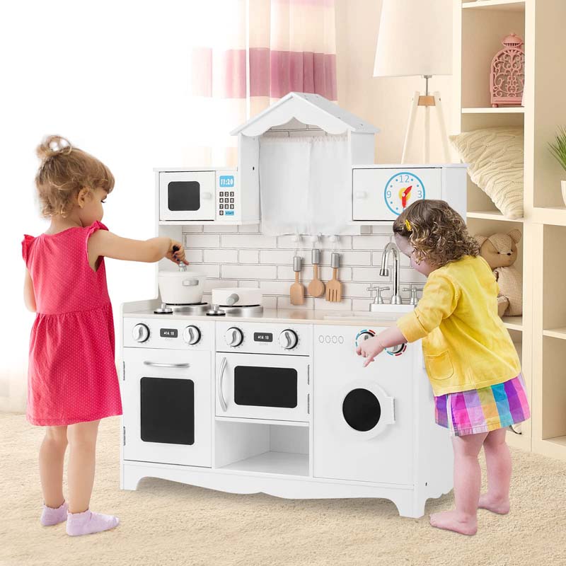 31" Rooftop Wooden Kids Kitchen Playset with Microwave, Windows, Clock, Cookware, Little Chef Pretend Cooking Play Toy Set
