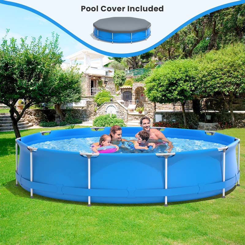 12 FT x 31.5 Inch Round Above Ground Swimming Pool with Pool Cover, CPSIA Certified Outdoor Steel Frame Pool for Backyard, Garden, Patio