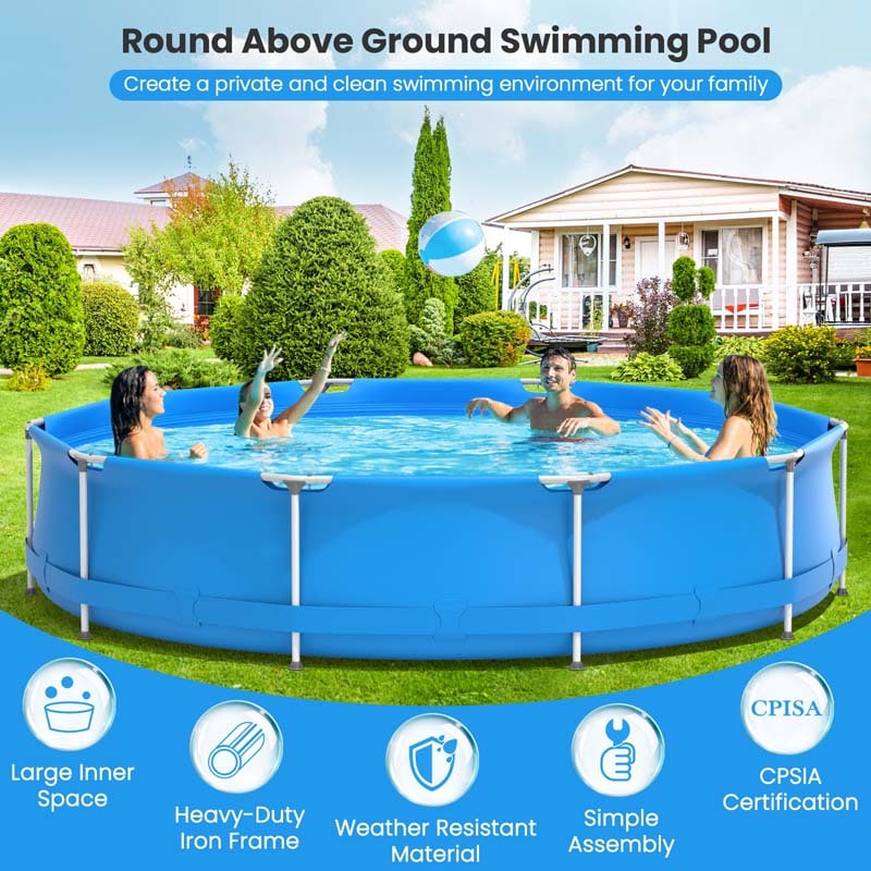12 FT x 31.5 Inch Round Above Ground Swimming Pool with Pool Cover, CPSIA Certified Outdoor Steel Frame Pool for Backyard, Garden, Patio