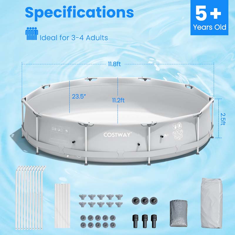 12 FT x 31.5 Inch Round Above Ground Swimming Pool with Pool Cover, CPSIA Certified Outdoor Steel Frame Pool for Backyard, Garden, Patio