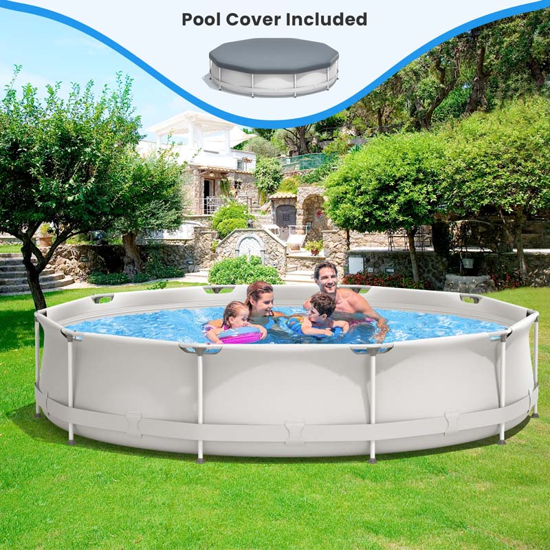 12 FT x 31.5 Inch Round Above Ground Swimming Pool with Pool Cover, CPSIA Certified Outdoor Steel Frame Pool for Backyard, Garden, Patio