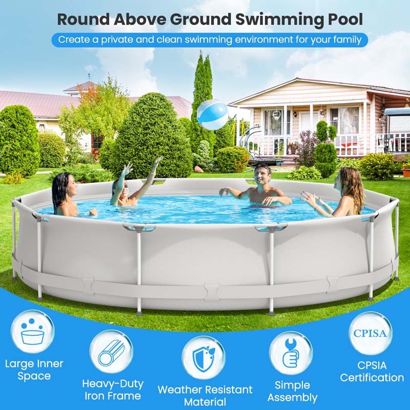 12 FT x 31.5 Inch Round Above Ground Swimming Pool with Pool Cover, CPSIA Certified Outdoor Steel Frame Pool for Backyard, Garden, Patio