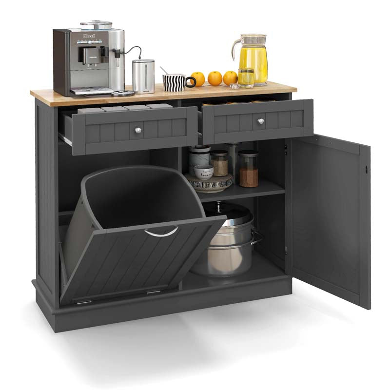 Tilt-Out Trash Cabinet with 2 Drawers, Adjustable Shelf & Pet-Proof Rubber Wood Top, Kitchen Storage Island for Dining Room & Recycle Bins