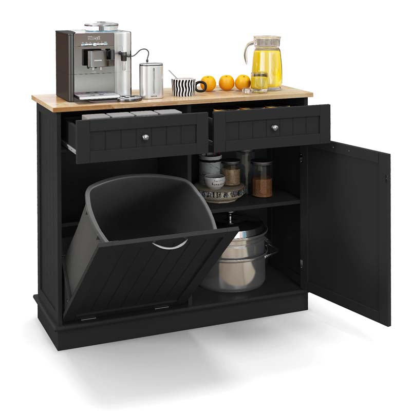 Tilt-Out Trash Cabinet with 2 Drawers, Adjustable Shelf & Pet-Proof Rubber Wood Top, Kitchen Storage Island for Dining Room & Recycle Bins