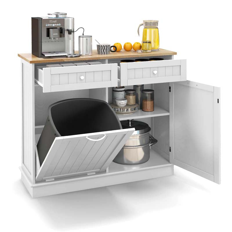 Tilt-Out Trash Cabinet with 2 Drawers, Adjustable Shelf & Pet-Proof Rubber Wood Top, Kitchen Storage Island for Dining Room & Recycle Bins
