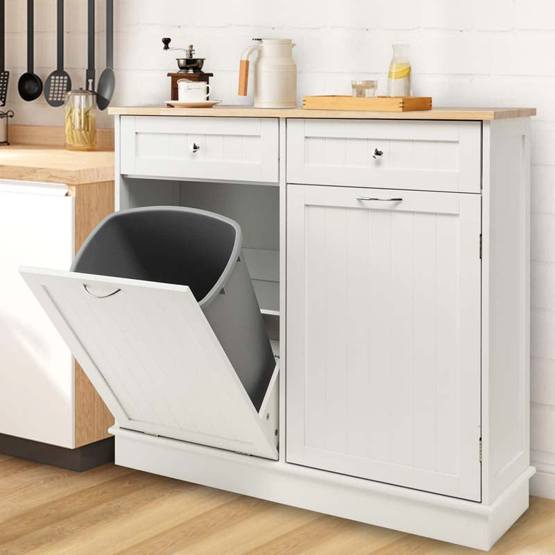 Tilt-Out Trash Cabinet with 2 Drawers, Adjustable Shelf & Pet-Proof Rubber Wood Top, Kitchen Storage Island for Dining Room & Recycle Bins