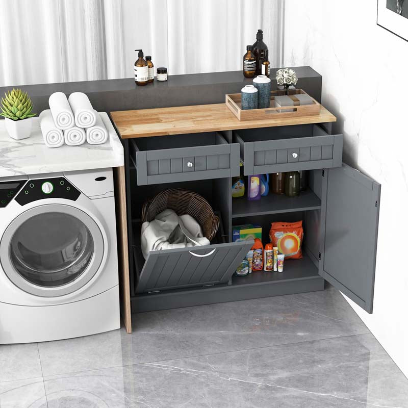 Tilt-Out Trash Cabinet with 2 Drawers, Adjustable Shelf & Pet-Proof Rubber Wood Top, Kitchen Storage Island for Dining Room & Recycle Bins