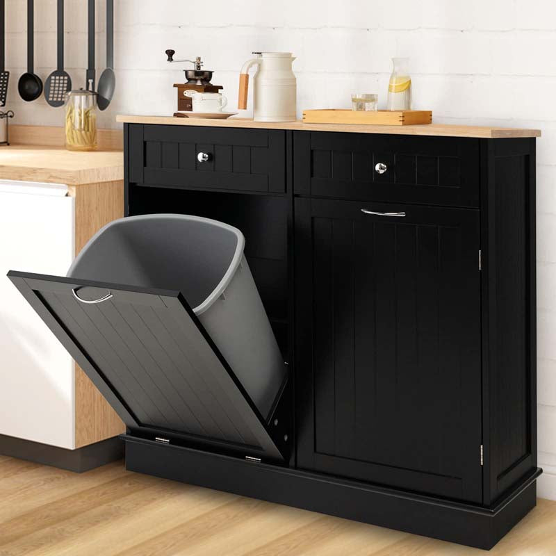 Tilt-Out Trash Cabinet with 2 Drawers, Adjustable Shelf & Pet-Proof Rubber Wood Top, Kitchen Storage Island for Dining Room & Recycle Bins