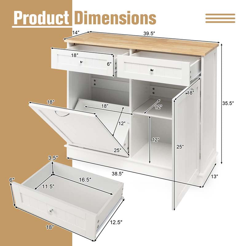 Tilt-Out Trash Cabinet with 2 Drawers, Adjustable Shelf & Pet-Proof Rubber Wood Top, Kitchen Storage Island for Dining Room & Recycle Bins