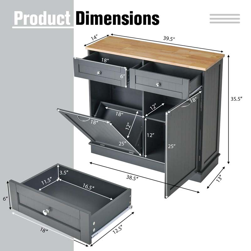 Tilt-Out Trash Cabinet with 2 Drawers, Adjustable Shelf & Pet-Proof Rubber Wood Top, Kitchen Storage Island for Dining Room & Recycle Bins