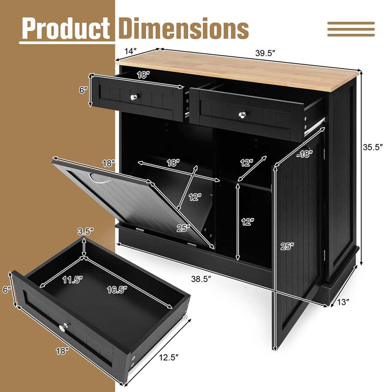 Tilt-Out Trash Cabinet with 2 Drawers, Adjustable Shelf & Pet-Proof Rubber Wood Top, Kitchen Storage Island for Dining Room & Recycle Bins
