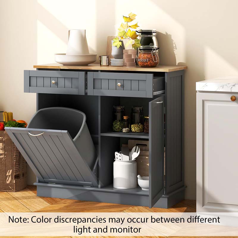 Tilt-Out Trash Cabinet with 2 Drawers, Adjustable Shelf & Pet-Proof Rubber Wood Top, Kitchen Storage Island for Dining Room & Recycle Bins
