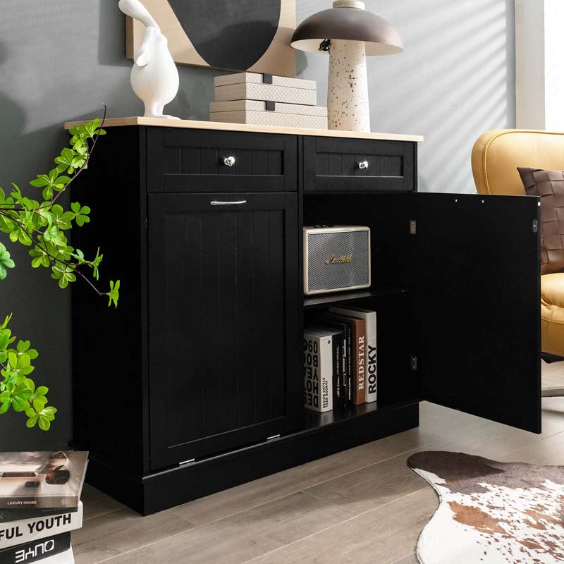 Tilt-Out Trash Cabinet with 2 Drawers, Adjustable Shelf & Pet-Proof Rubber Wood Top, Kitchen Storage Island for Dining Room & Recycle Bins