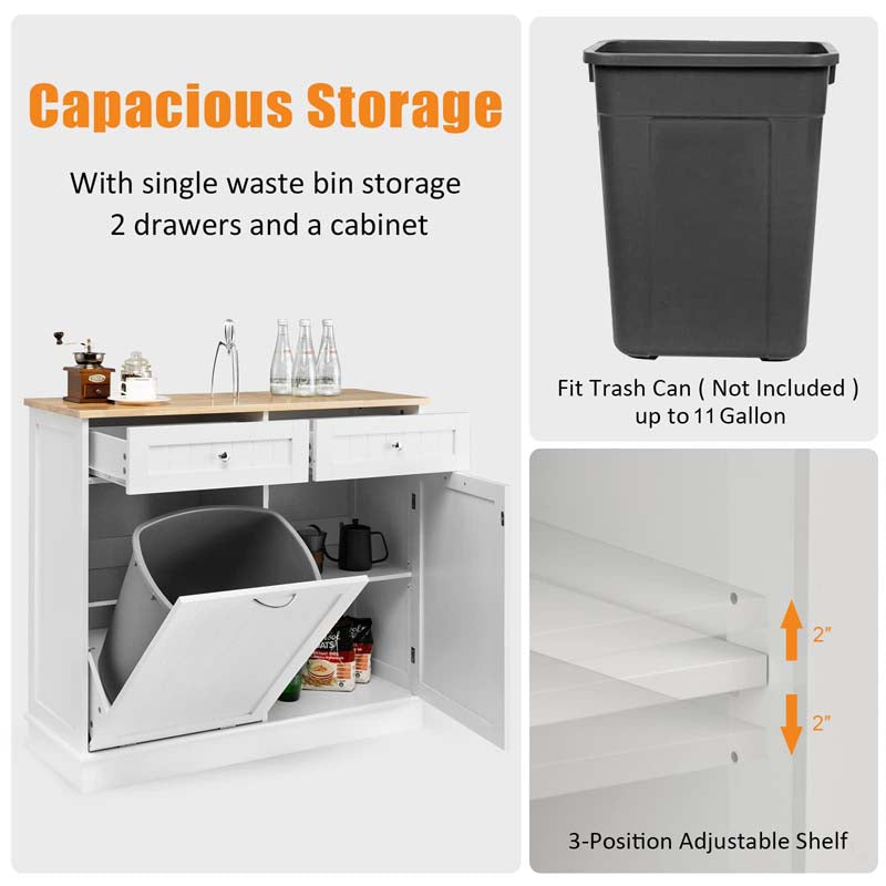 Tilt-Out Trash Cabinet with 2 Drawers, Adjustable Shelf & Pet-Proof Rubber Wood Top, Kitchen Storage Island for Dining Room & Recycle Bins