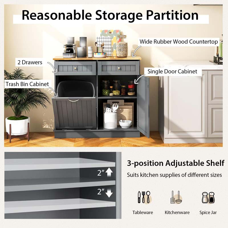 Tilt-Out Trash Cabinet with 2 Drawers, Adjustable Shelf & Pet-Proof Rubber Wood Top, Kitchen Storage Island for Dining Room & Recycle Bins