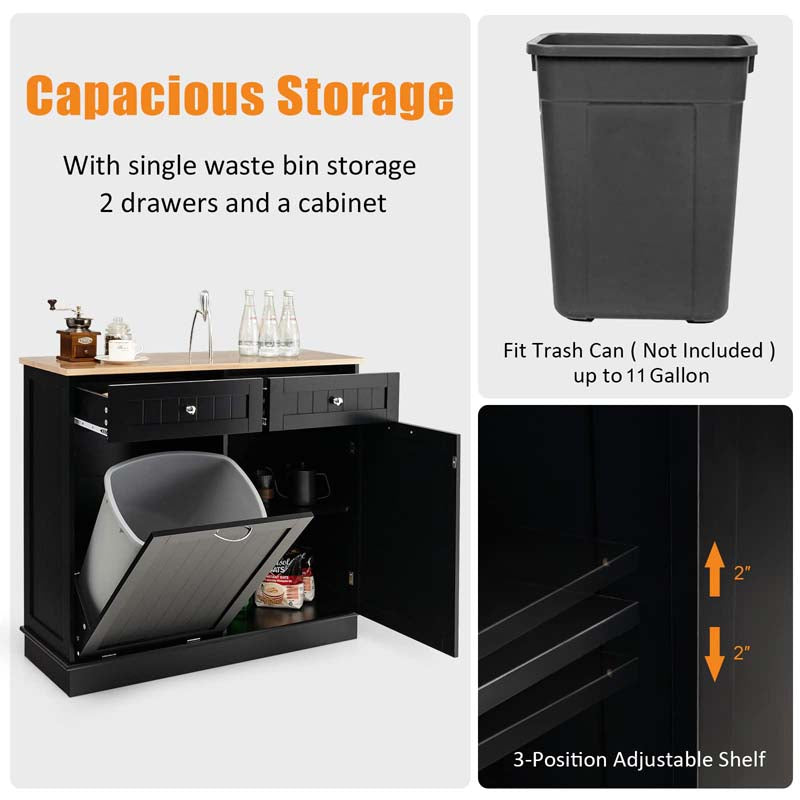 Tilt-Out Trash Cabinet with 2 Drawers, Adjustable Shelf & Pet-Proof Rubber Wood Top, Kitchen Storage Island for Dining Room & Recycle Bins