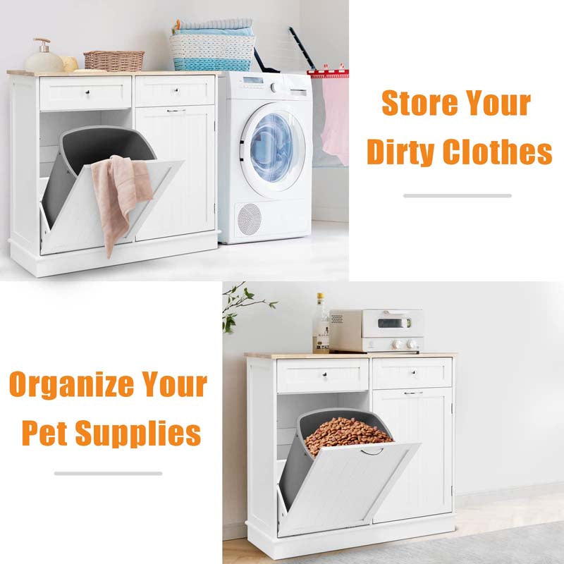Tilt-Out Trash Cabinet with 2 Drawers, Adjustable Shelf & Pet-Proof Rubber Wood Top, Kitchen Storage Island for Dining Room & Recycle Bins