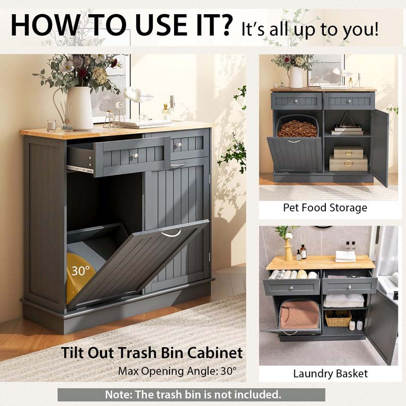 Tilt-Out Trash Cabinet with 2 Drawers, Adjustable Shelf & Pet-Proof Rubber Wood Top, Kitchen Storage Island for Dining Room & Recycle Bins