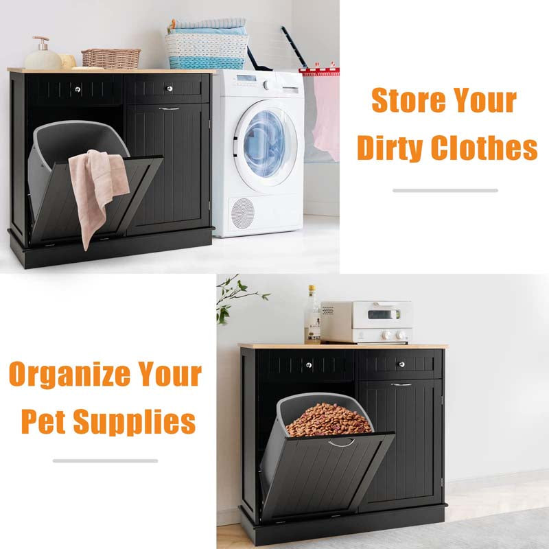 Tilt-Out Trash Cabinet with 2 Drawers, Adjustable Shelf & Pet-Proof Rubber Wood Top, Kitchen Storage Island for Dining Room & Recycle Bins