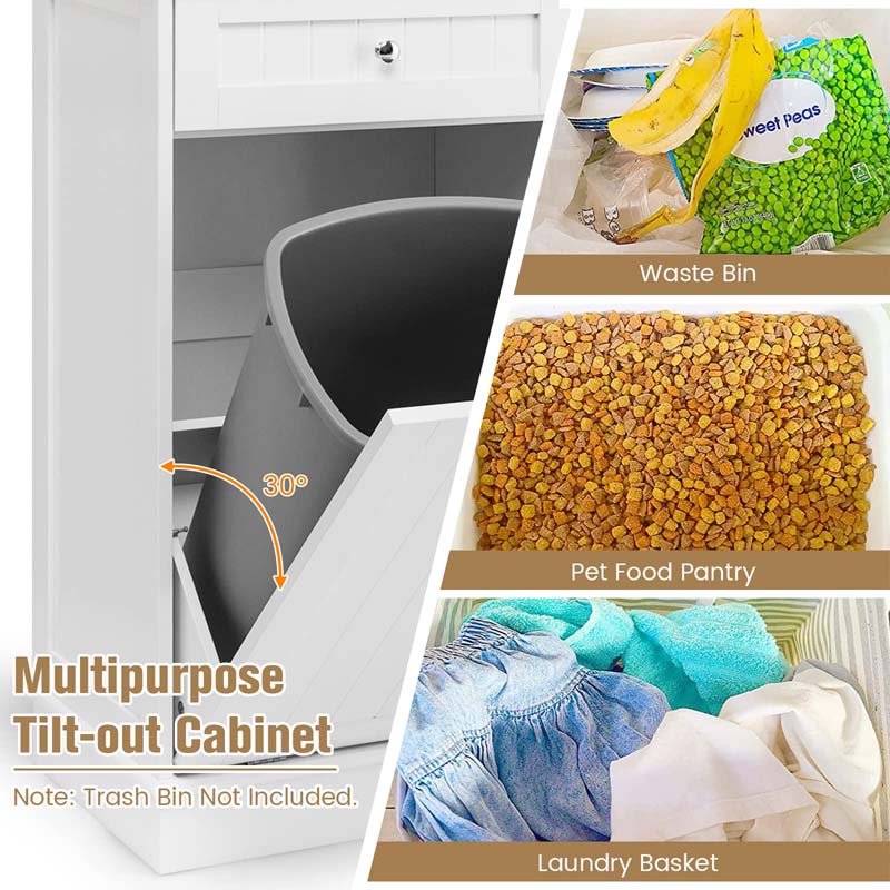 Tilt-Out Trash Cabinet with 2 Drawers, Adjustable Shelf & Pet-Proof Rubber Wood Top, Kitchen Storage Island for Dining Room & Recycle Bins