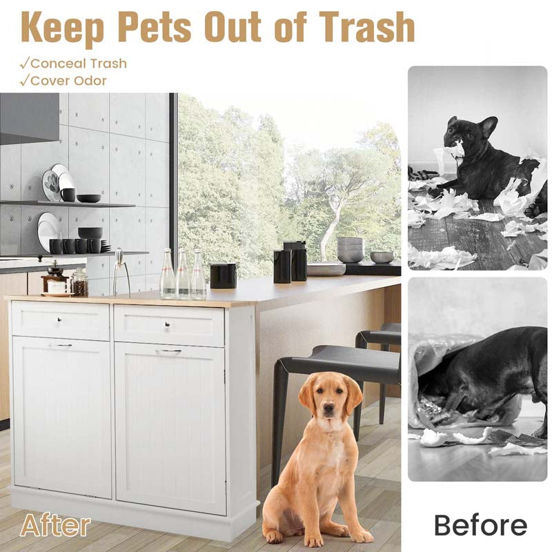 Tilt-Out Trash Cabinet with 2 Drawers, Adjustable Shelf & Pet-Proof Rubber Wood Top, Kitchen Storage Island for Dining Room & Recycle Bins