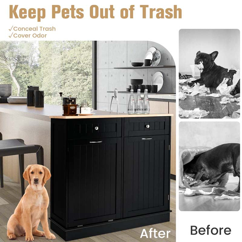 Tilt-Out Trash Cabinet with 2 Drawers, Adjustable Shelf & Pet-Proof Rubber Wood Top, Kitchen Storage Island for Dining Room & Recycle Bins