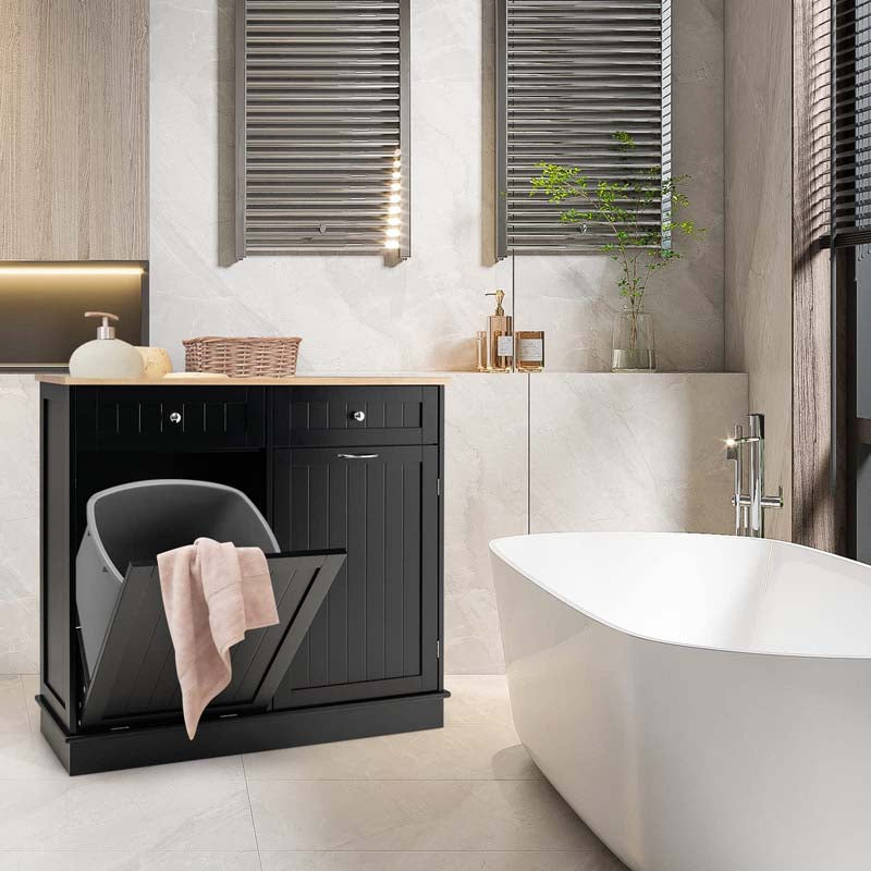 Tilt-Out Trash Cabinet with 2 Drawers, Adjustable Shelf & Pet-Proof Rubber Wood Top, Kitchen Storage Island for Dining Room & Recycle Bins