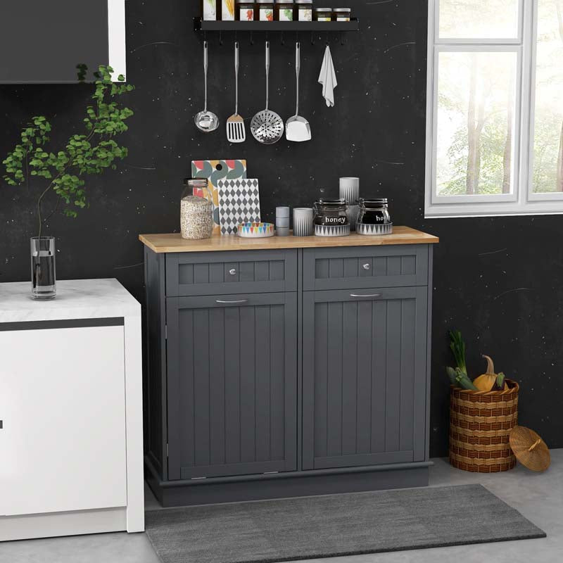Tilt-Out Trash Cabinet with 2 Drawers, Adjustable Shelf & Pet-Proof Rubber Wood Top, Kitchen Storage Island for Dining Room & Recycle Bins