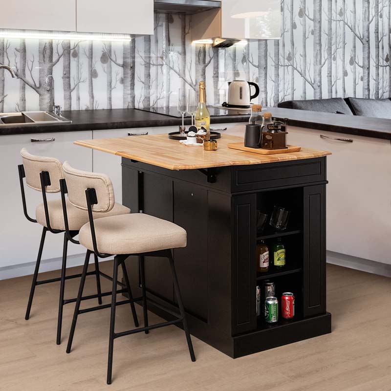 47" x36" x36" Rubber Wood Top Kitchen Island with Drop Leaf, 2 Drawers, Kitchen Storage Cabinets, Spice Racks, Adjustable Shelves