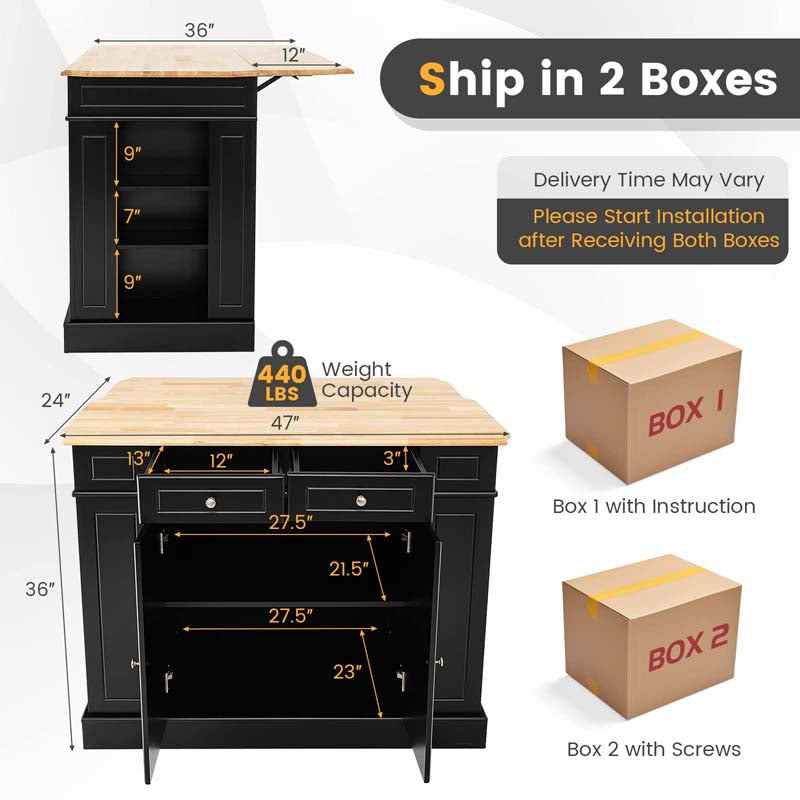 47" x36" x36" Rubber Wood Top Kitchen Island with Drop Leaf, 2 Drawers, Kitchen Storage Cabinets, Spice Racks, Adjustable Shelves