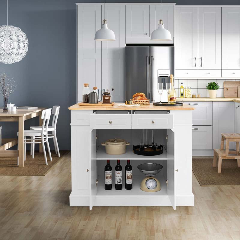 47" x36" x36" Rubber Wood Top Kitchen Island with Drop Leaf, 2 Drawers, Kitchen Storage Cabinets, Spice Racks, Adjustable Shelves