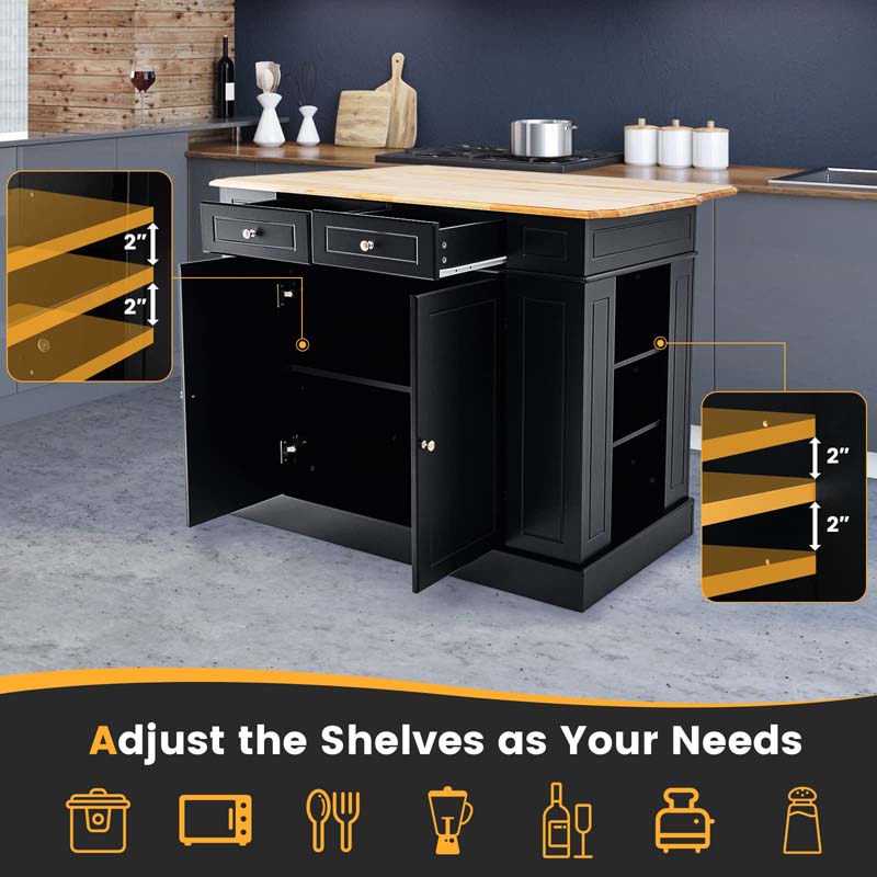 47" x36" x36" Rubber Wood Top Kitchen Island with Drop Leaf, 2 Drawers, Kitchen Storage Cabinets, Spice Racks, Adjustable Shelves
