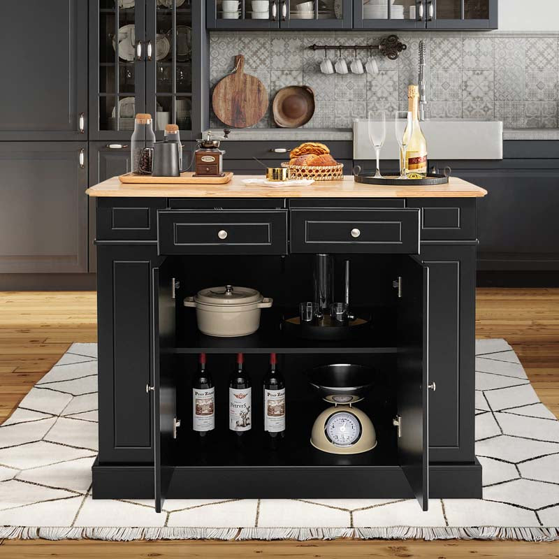 47" x36" x36" Rubber Wood Top Kitchen Island with Drop Leaf, 2 Drawers, Kitchen Storage Cabinets, Spice Racks, Adjustable Shelves
