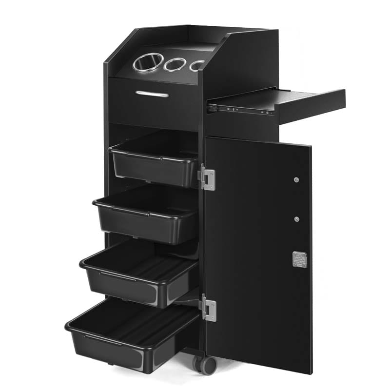 Salon Rolling Trolley Cart with 4 Lockable Drawers, Side Tray & Hair Dryer Holders, Mobile Beauty Salon Station for Spa, Barber, Manicure