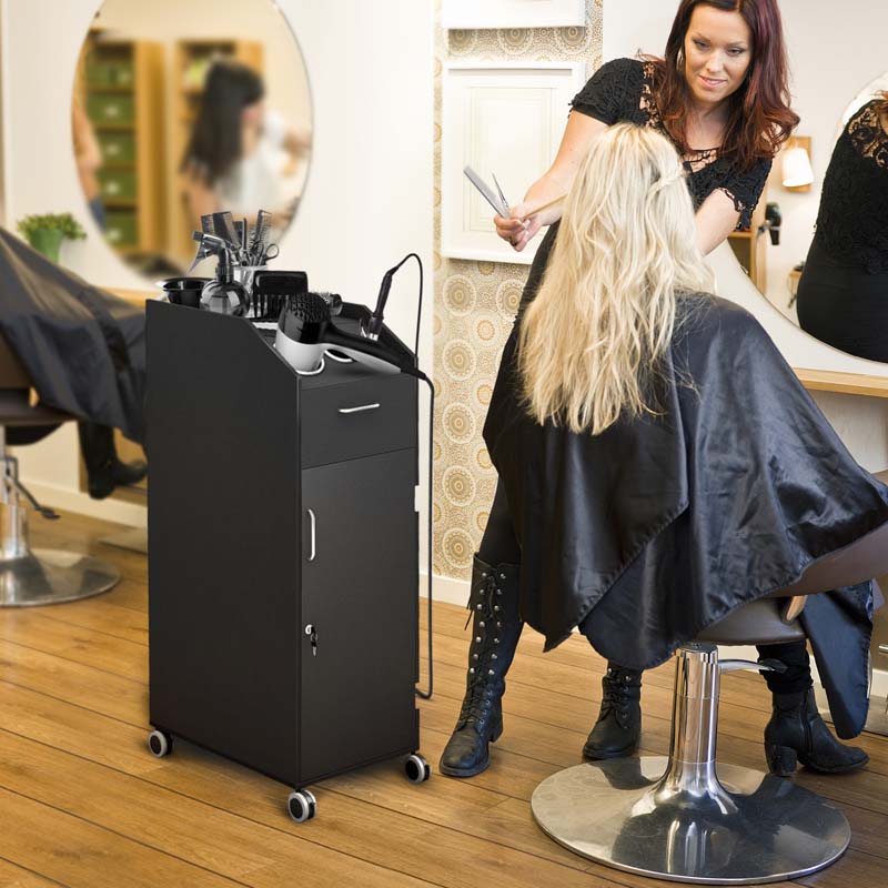 Salon Rolling Trolley Cart with 4 Lockable Drawers, Side Tray & Hair Dryer Holders, Mobile Beauty Salon Station for Spa, Barber, Manicure