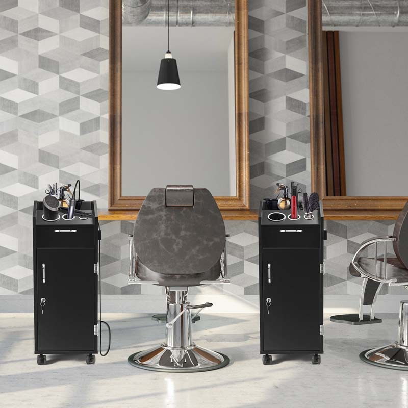 Salon Rolling Trolley Cart with 4 Lockable Drawers, Side Tray & Hair Dryer Holders, Mobile Beauty Salon Station for Spa, Barber, Manicure