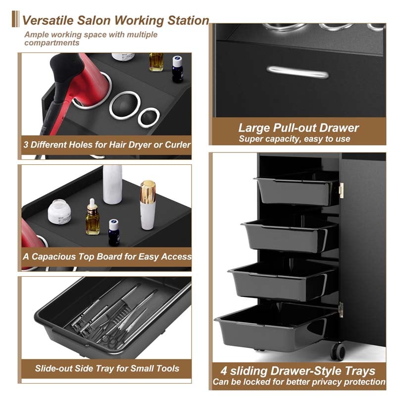Salon Rolling Trolley Cart with 4 Lockable Drawers, Side Tray & Hair Dryer Holders, Mobile Beauty Salon Station for Spa, Barber, Manicure