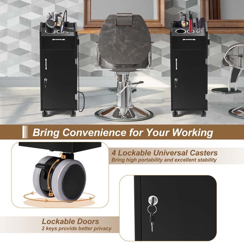 Salon Rolling Trolley Cart with 4 Lockable Drawers, Side Tray & Hair Dryer Holders, Mobile Beauty Salon Station for Spa, Barber, Manicure