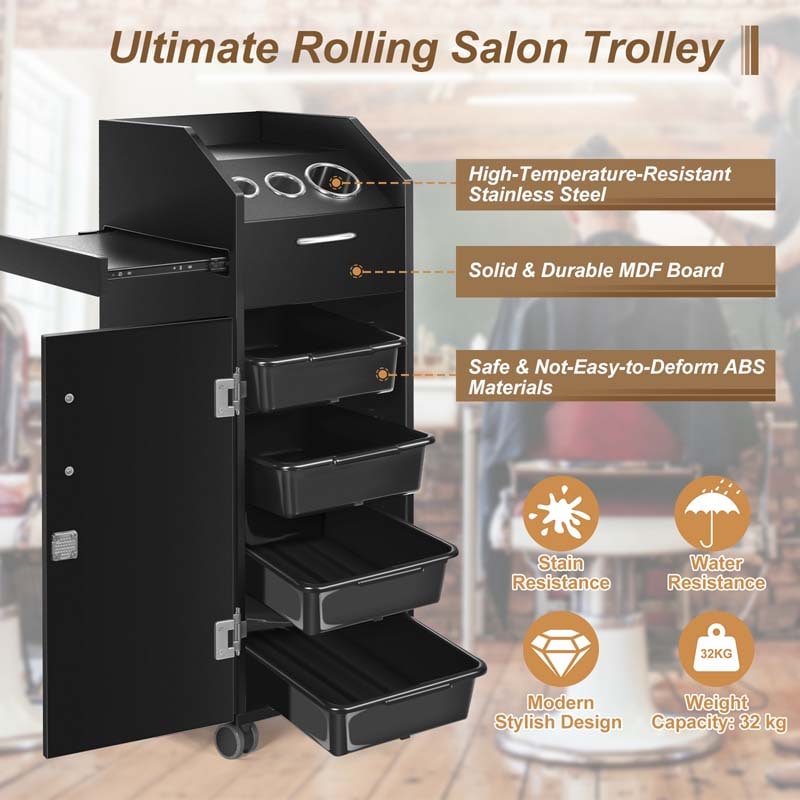 Salon Rolling Trolley Cart with 4 Lockable Drawers, Side Tray & Hair Dryer Holders, Mobile Beauty Salon Station for Spa, Barber, Manicure