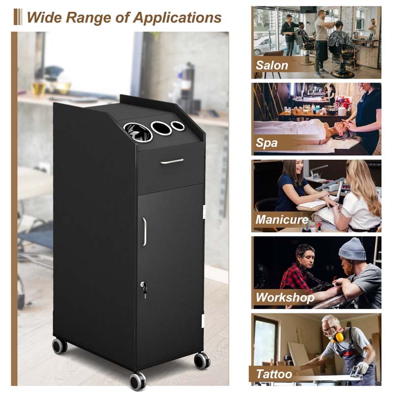 Salon Rolling Trolley Cart with 4 Lockable Drawers, Side Tray & Hair Dryer Holders, Mobile Beauty Salon Station for Spa, Barber, Manicure