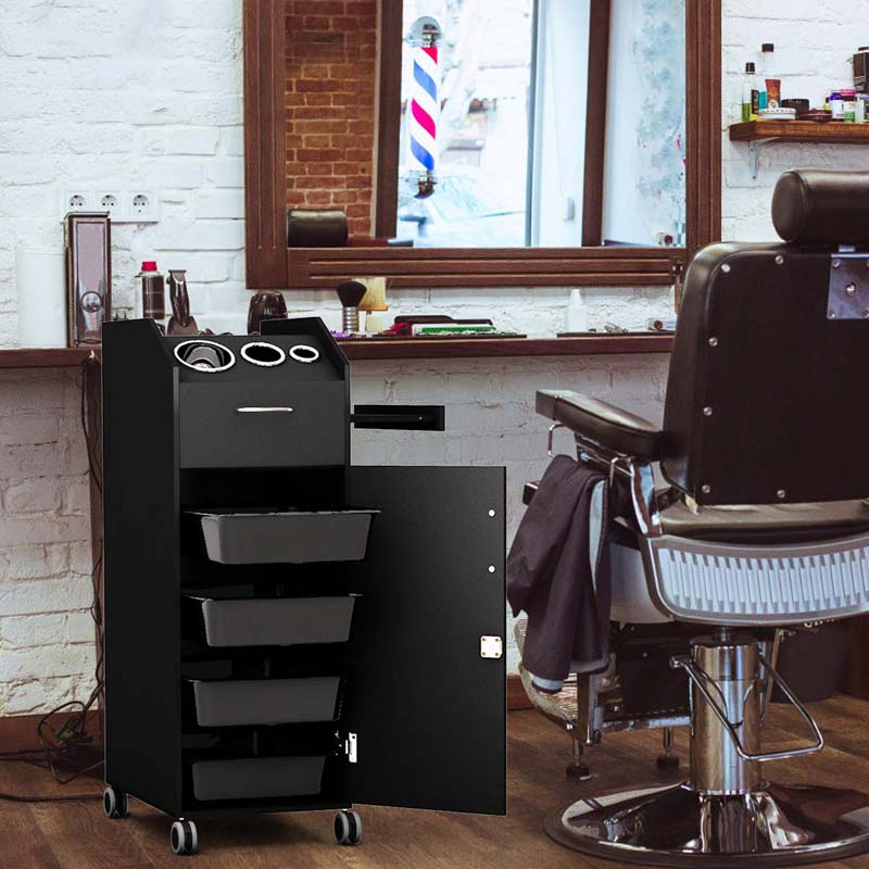Salon Rolling Trolley Cart with 4 Lockable Drawers, Side Tray & Hair Dryer Holders, Mobile Beauty Salon Station for Spa, Barber, Manicure