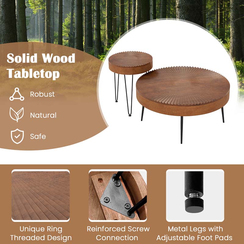 Boho Farmhouse Round Coffee Table Set of 2, Solid Pine Wood Nesting End Table with Metal Legs, Adjustable Foot Pads for Living Room