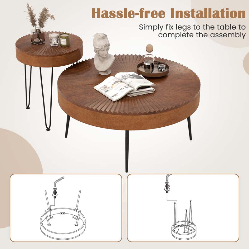 Boho Farmhouse Round Coffee Table Set of 2, Solid Pine Wood Nesting End Table with Metal Legs, Adjustable Foot Pads for Living Room